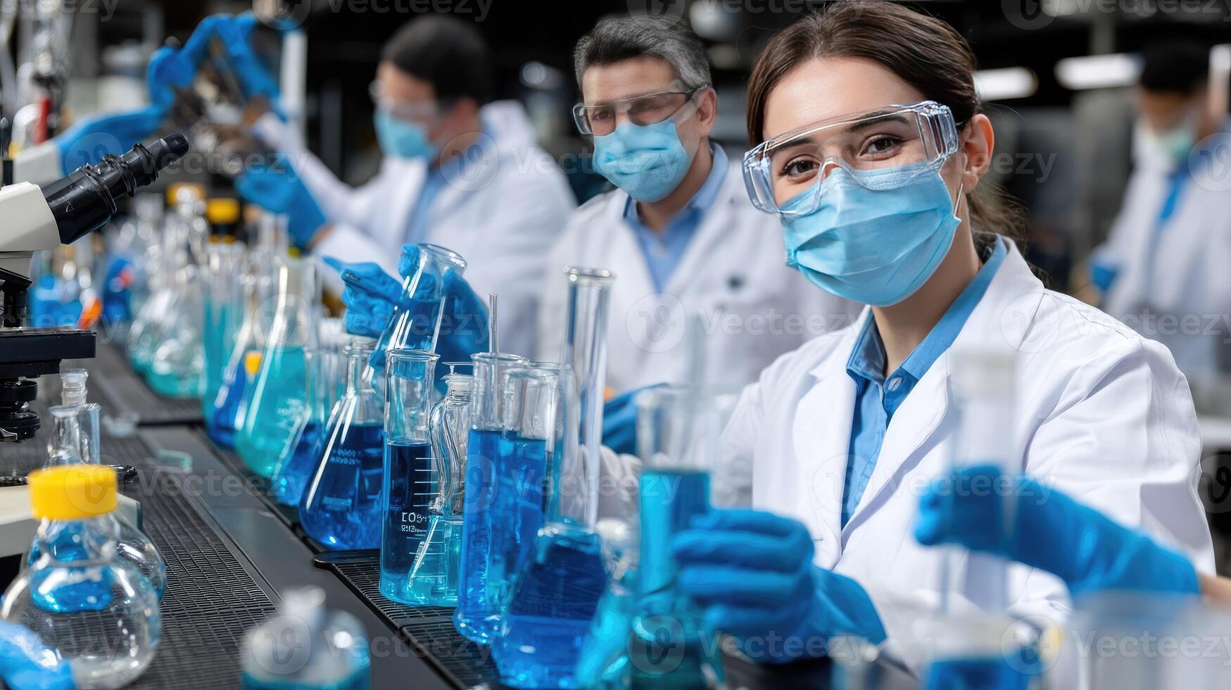 A group of people in lab coats and masks working on blue liquid photo