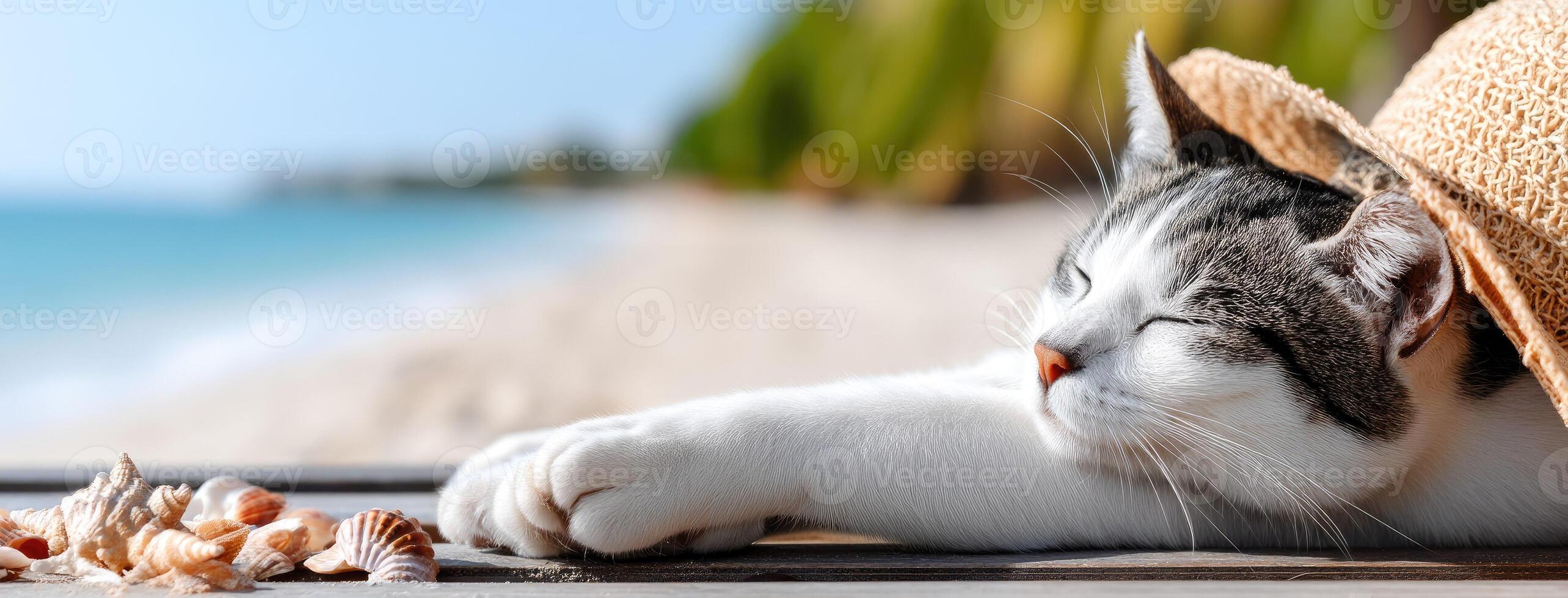 A cat laying on a beach with a hat on photo