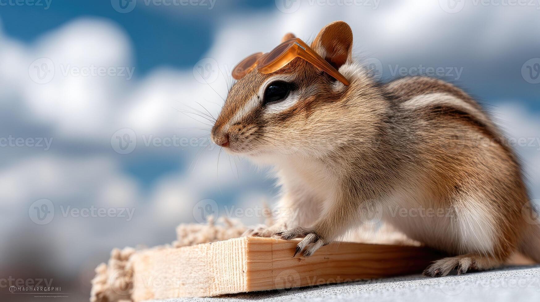 Chipmunk wearing sunglasses on a wooden plank photo