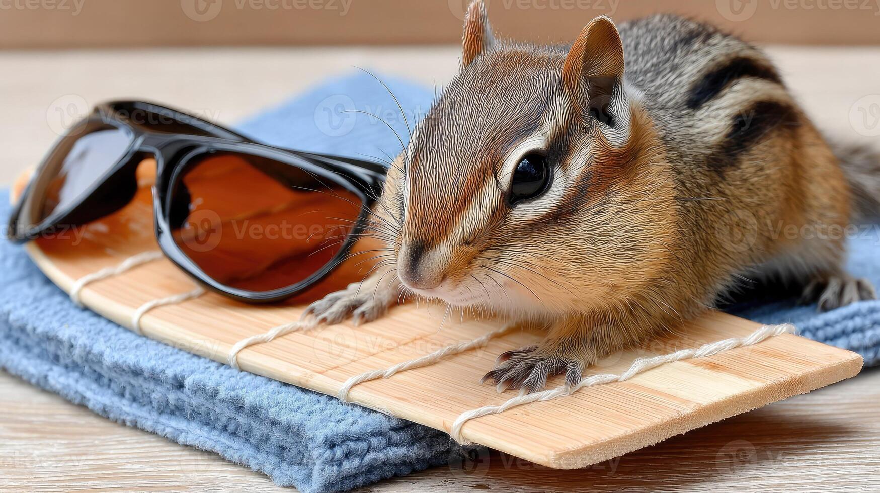Chipmunk wearing sunglasses and a towel photo