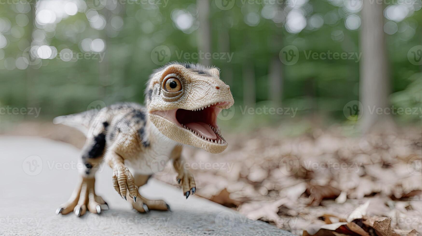 A small dinosaur with its mouth open photo