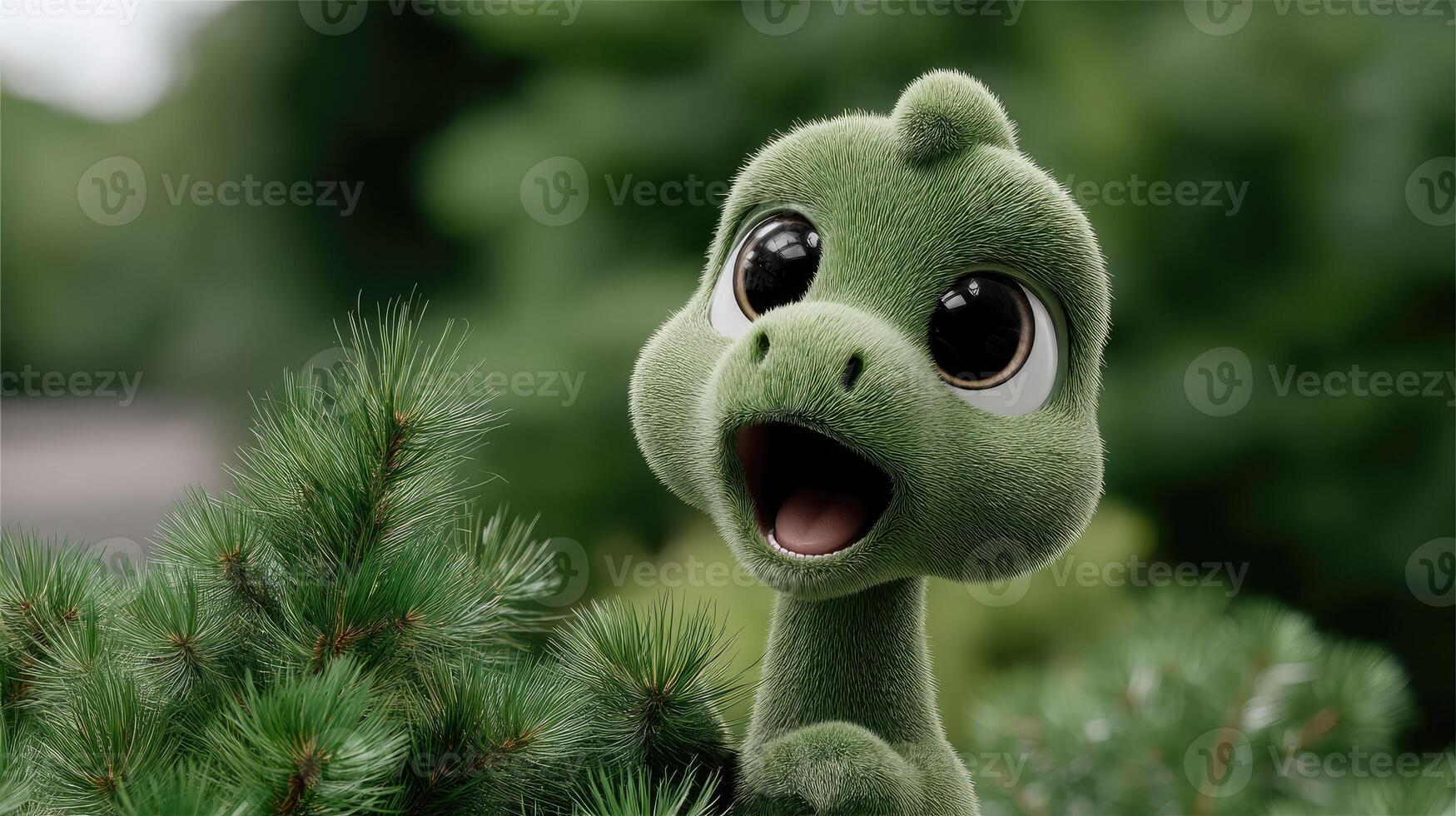A green dinosaur with its mouth open and eyes wide photo