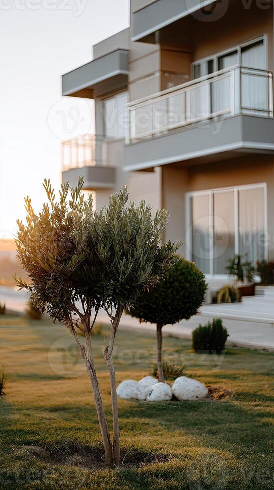 A small tree in front of a house with a balcony photo