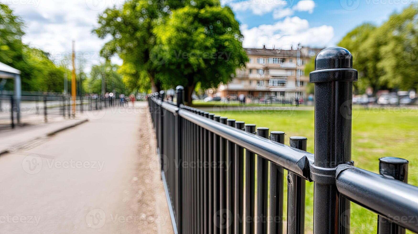 A black metal fence is next to a road photo