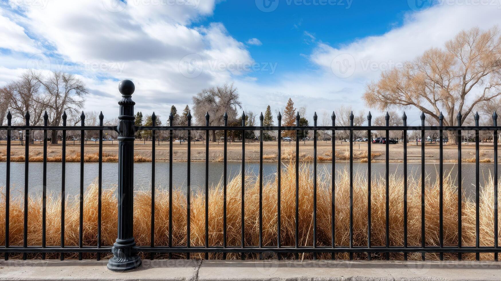 A fence with tall grass and a pond photo