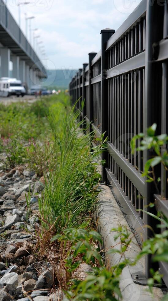 A black fence with plants growing on it photo