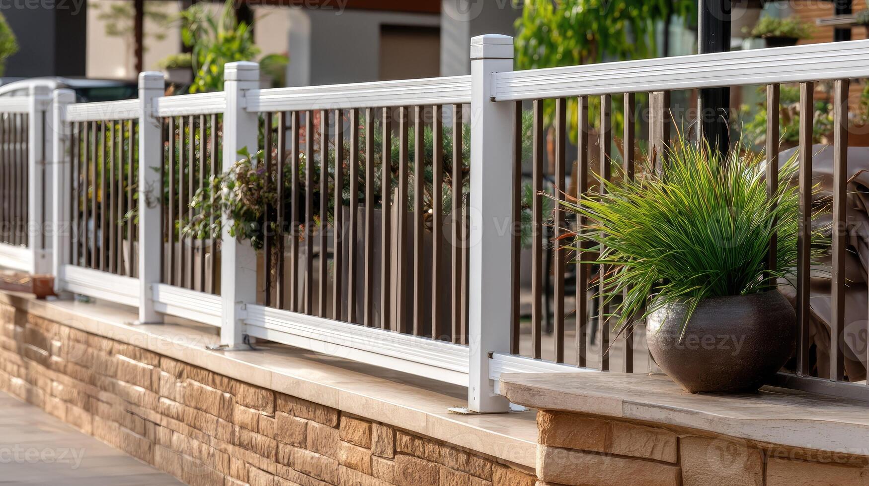 A white fence with a planter on the side photo