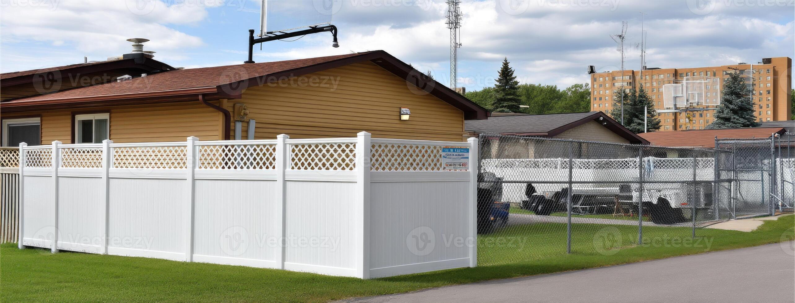 A white fence is in front of a house photo
