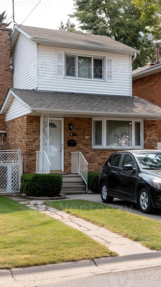 A car parked in front of a house with a fence photo