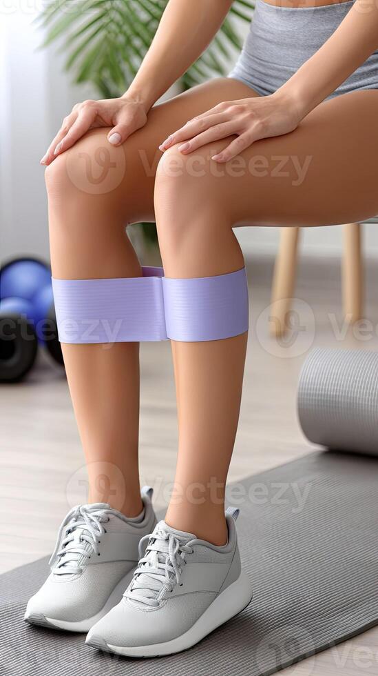 A woman is sitting on a yoga mat with a purple band around her legs photo