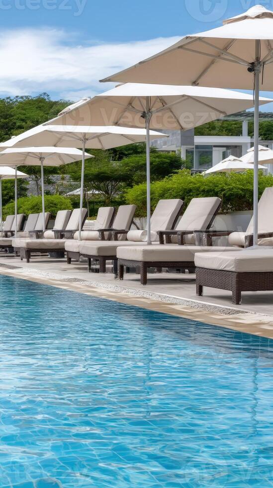The pool at the resort is lined with lounge chairs and umbrellas photo