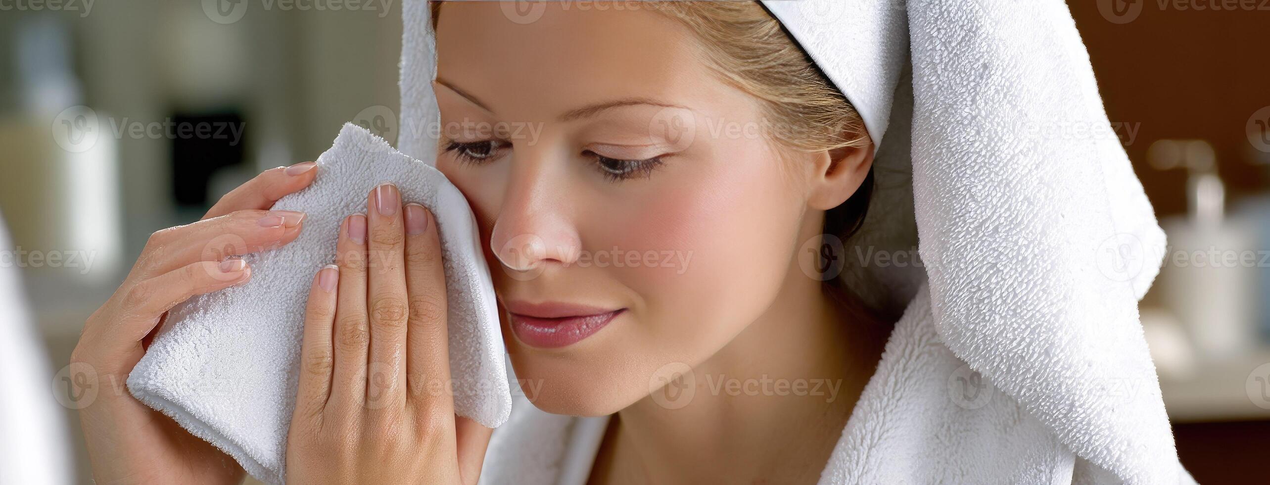 A woman in a towel is wiping her face photo