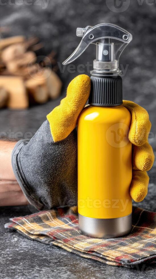 A person wearing gloves holding a spray bottle photo