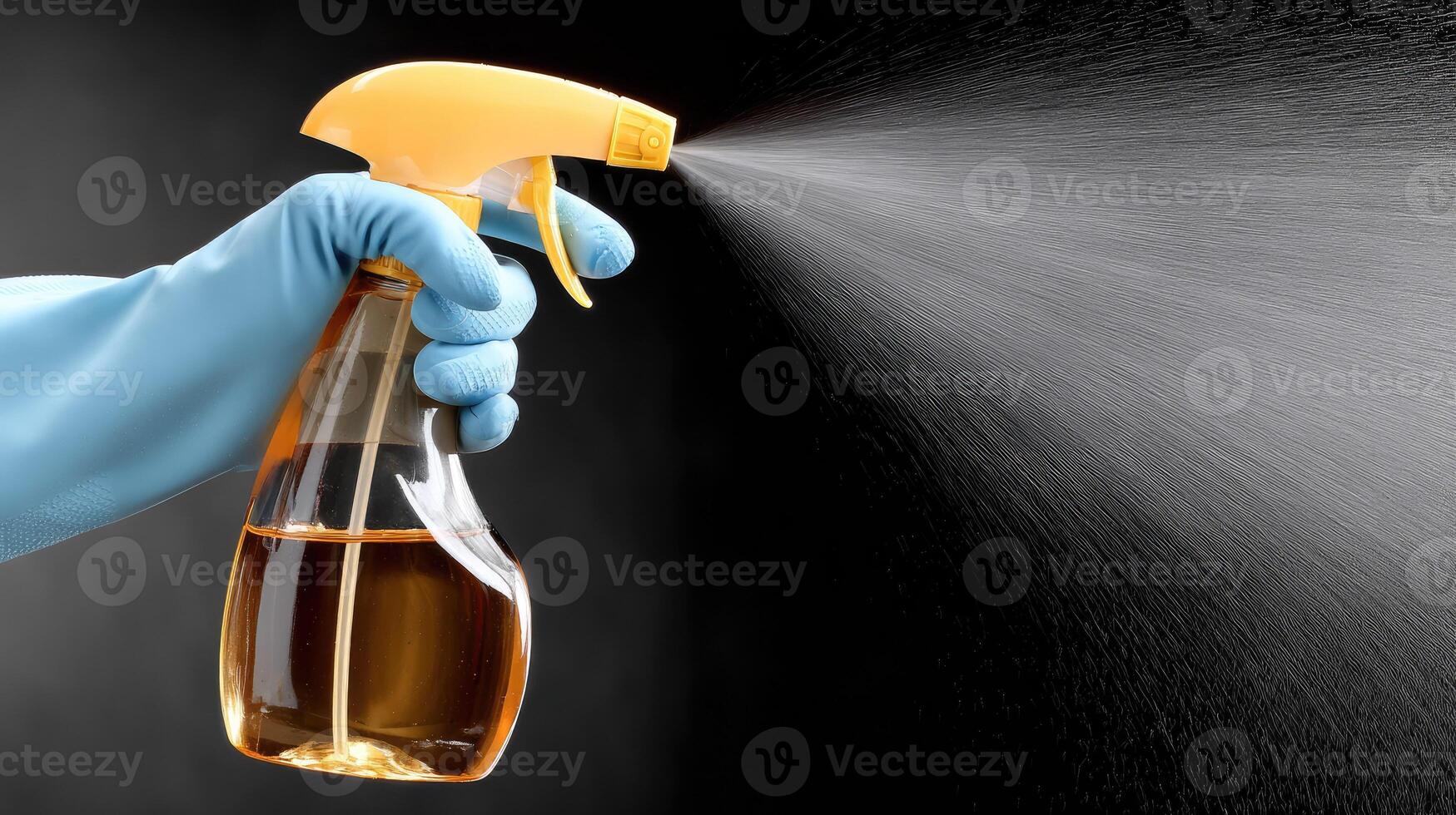 A person in blue gloves spraying a bottle of liquid photo