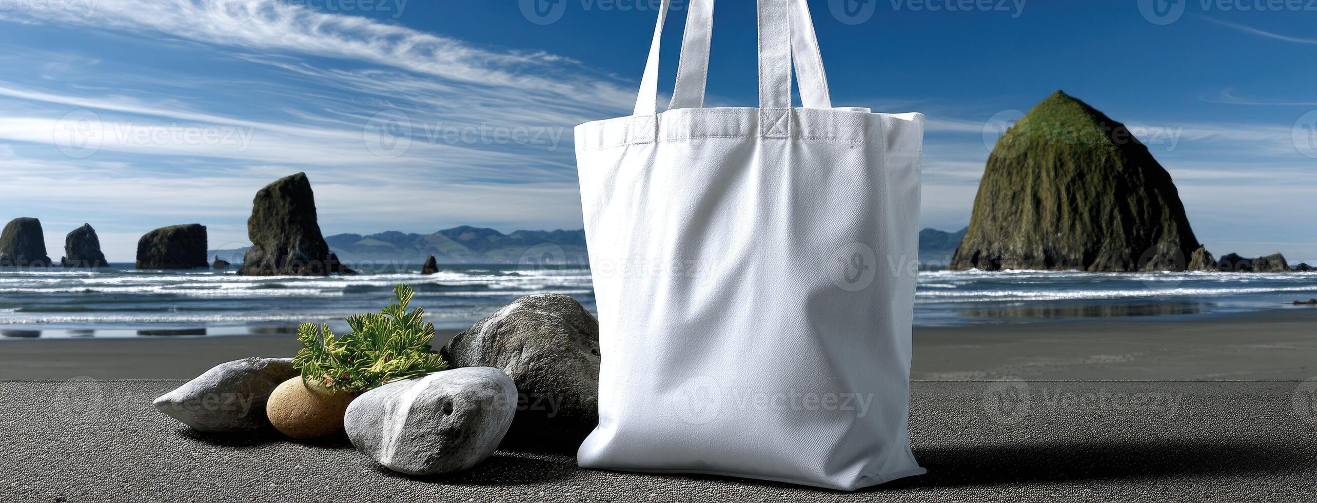 A white bag sitting on the beach with rocks and water photo