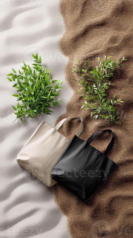 Two black and one beige tote bags on sand photo