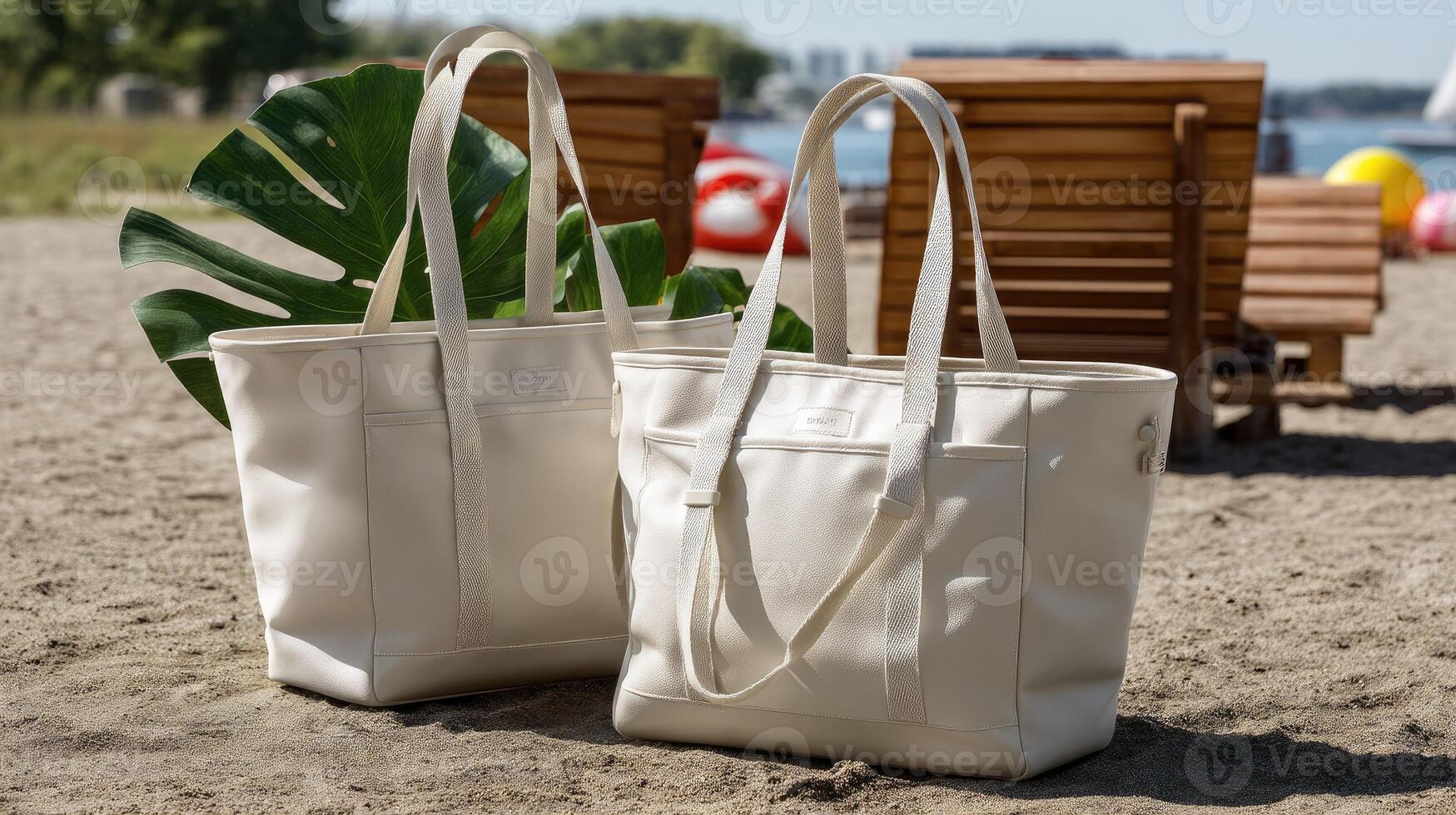Two white bags sitting on the sand near a beach photo