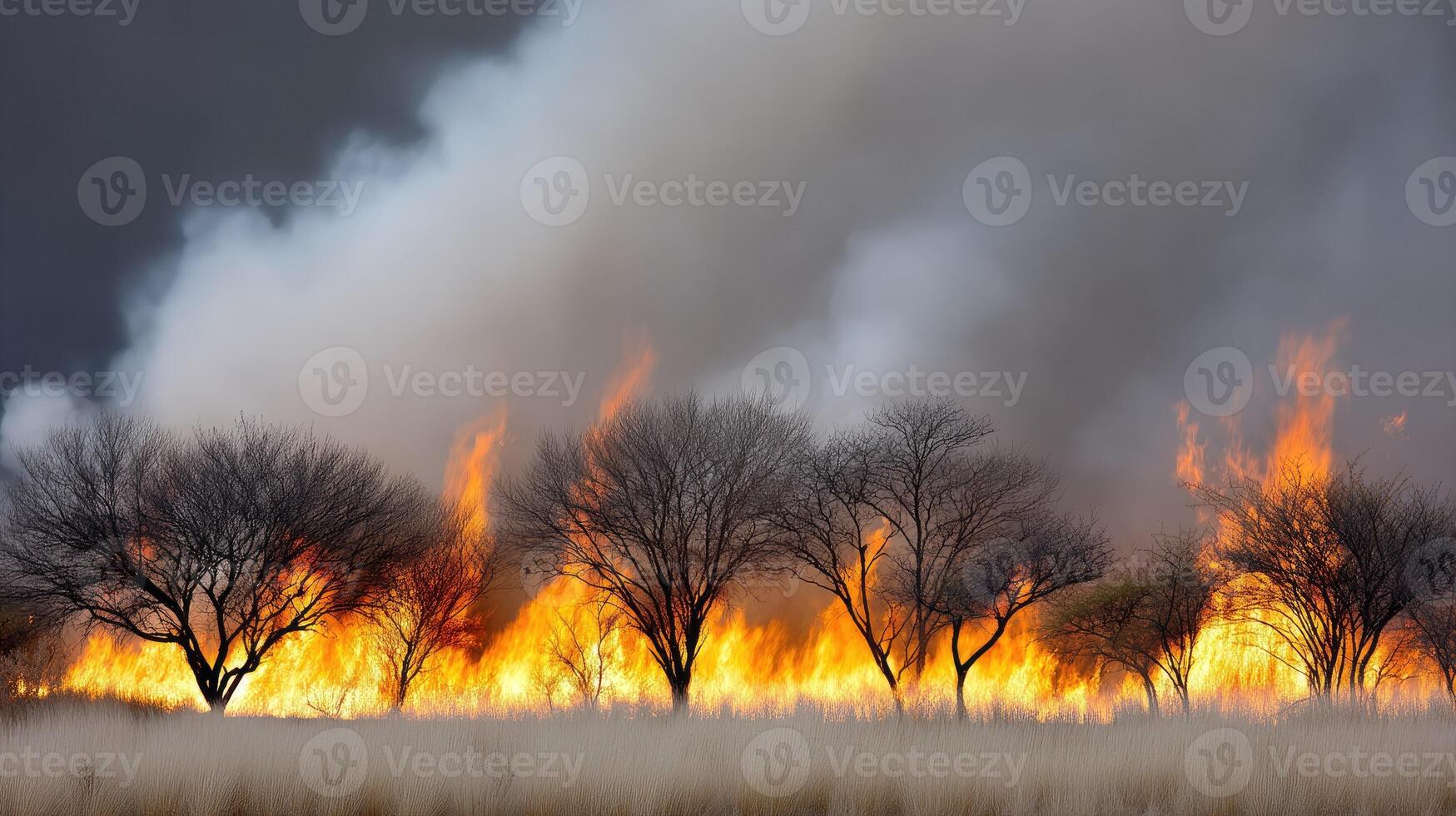 A fire is burning in the grass and trees photo