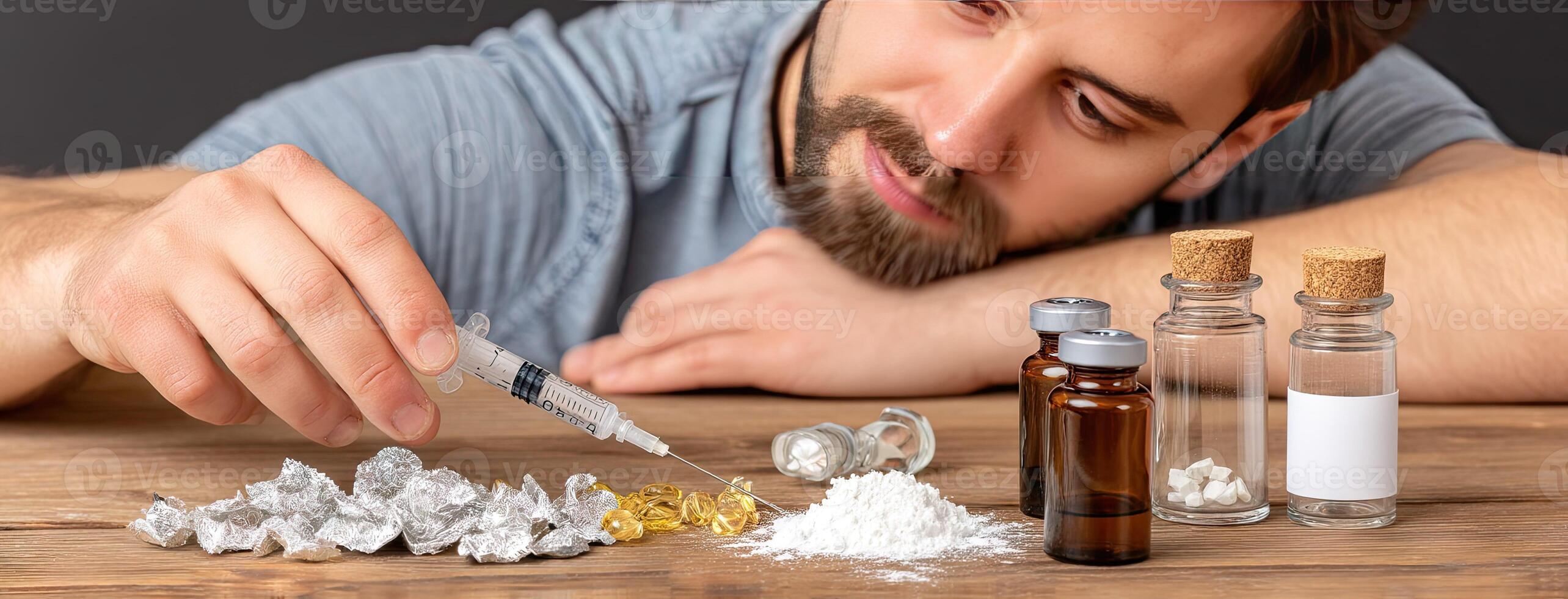 A man laying on a table with pills and other items photo