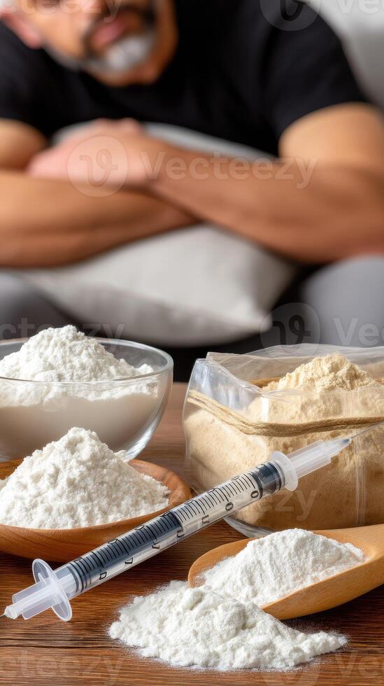 A man sits in front of a bowl of flour and a syringe photo