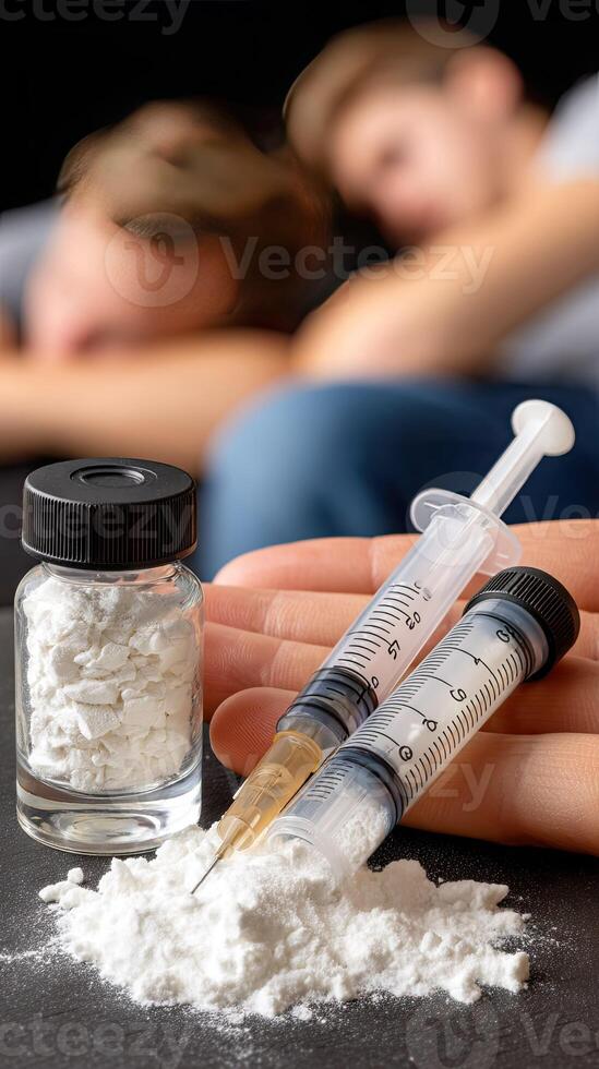 A person is sleeping in a bed with a syringe and pills photo