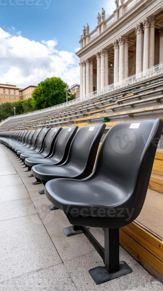 Row of empty seats in front of a building photo