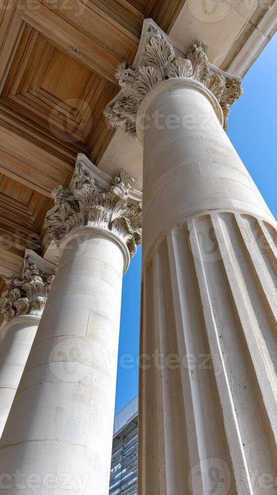 Columns in the center of a building with blue sky in the background photo