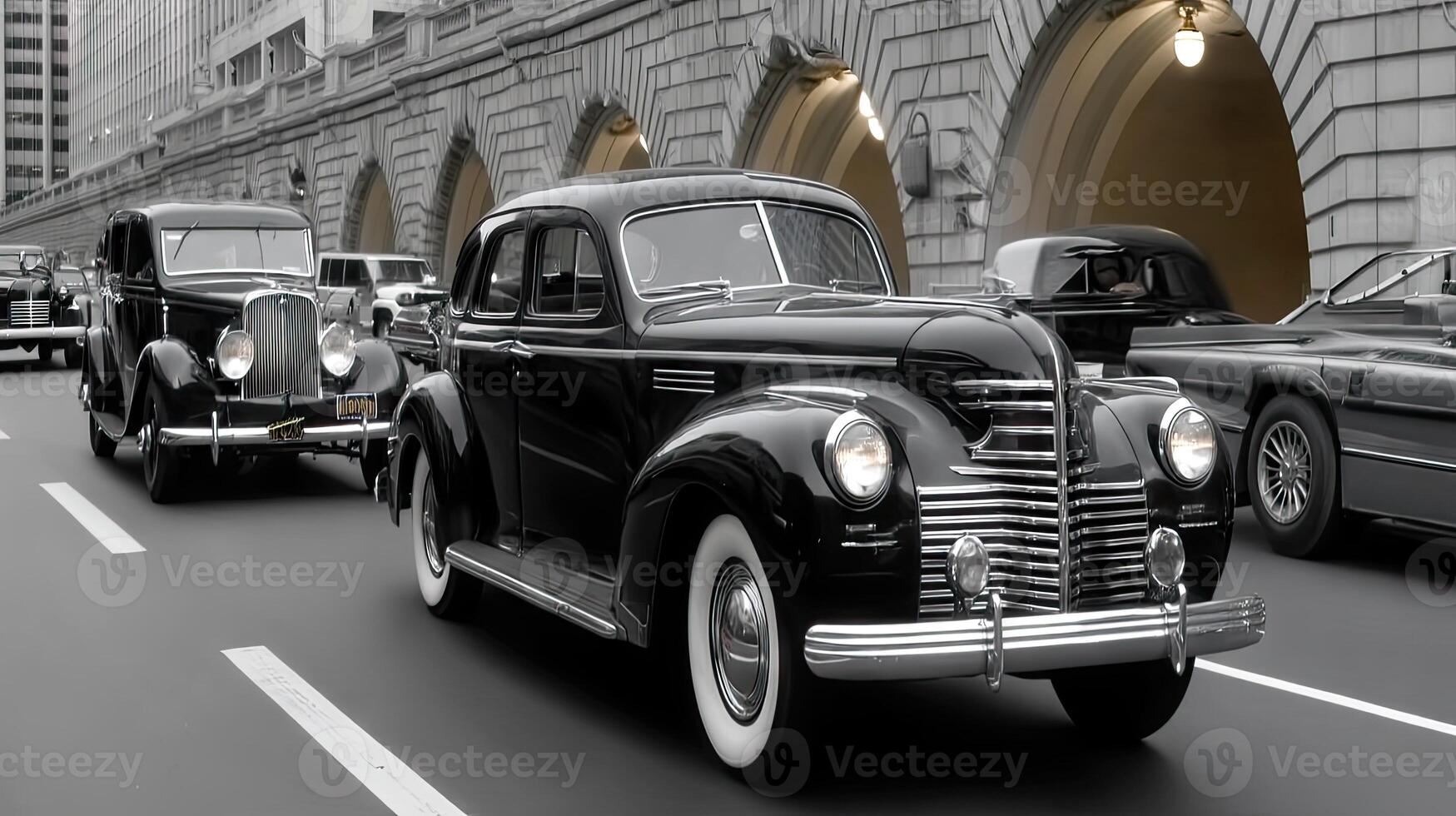 1940s vintage cars driving down a city street photo