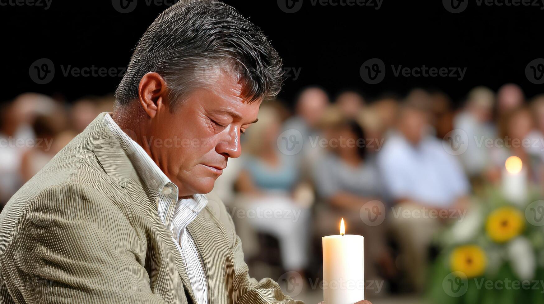 A man holding a candle in front of a crowd photo