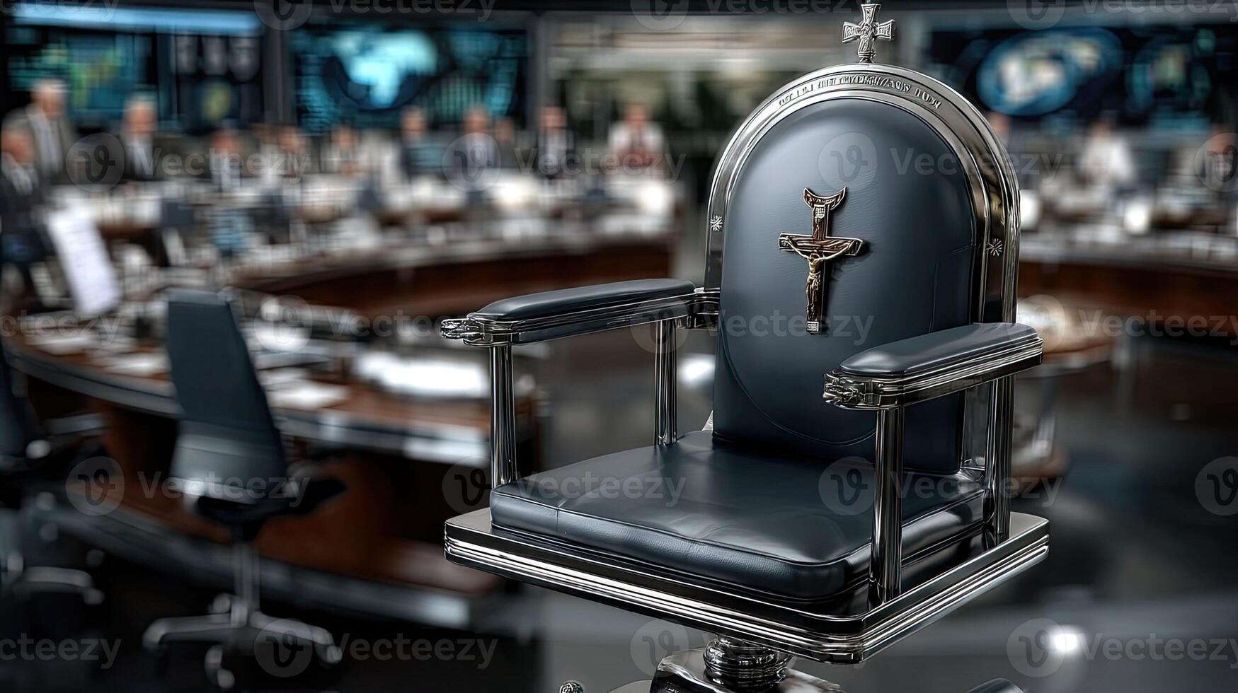 A chair in front of a large conference table photo