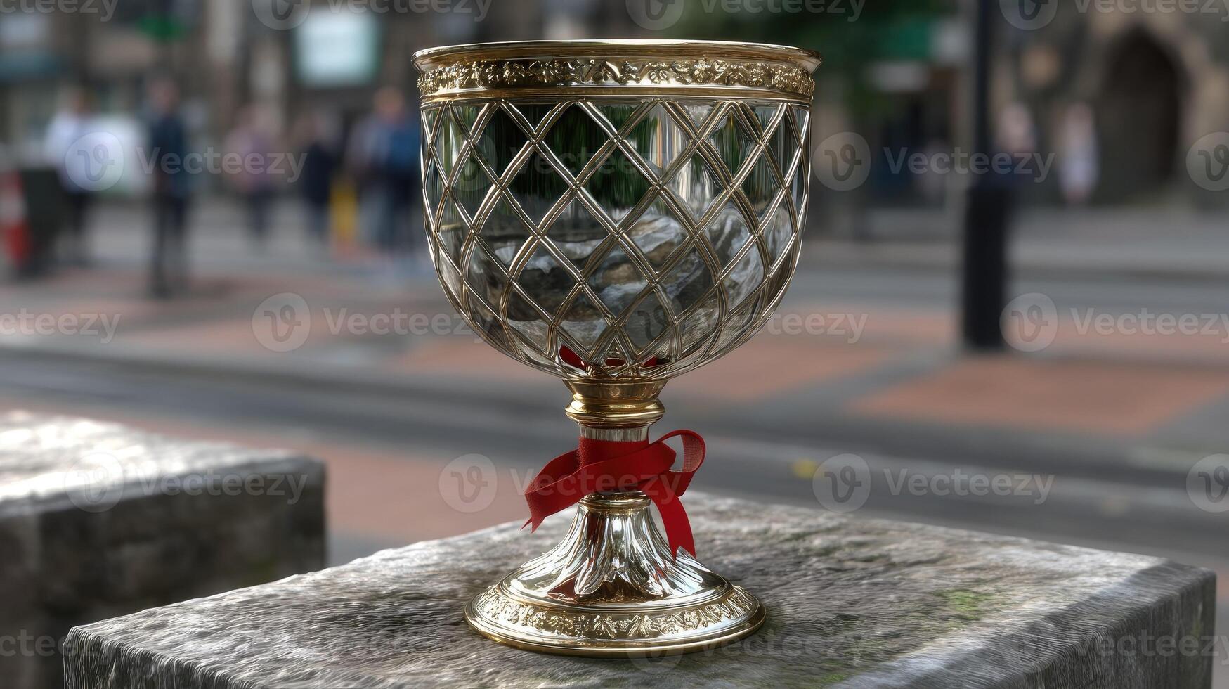 A gold and red goblet sitting on a stone ledge photo
