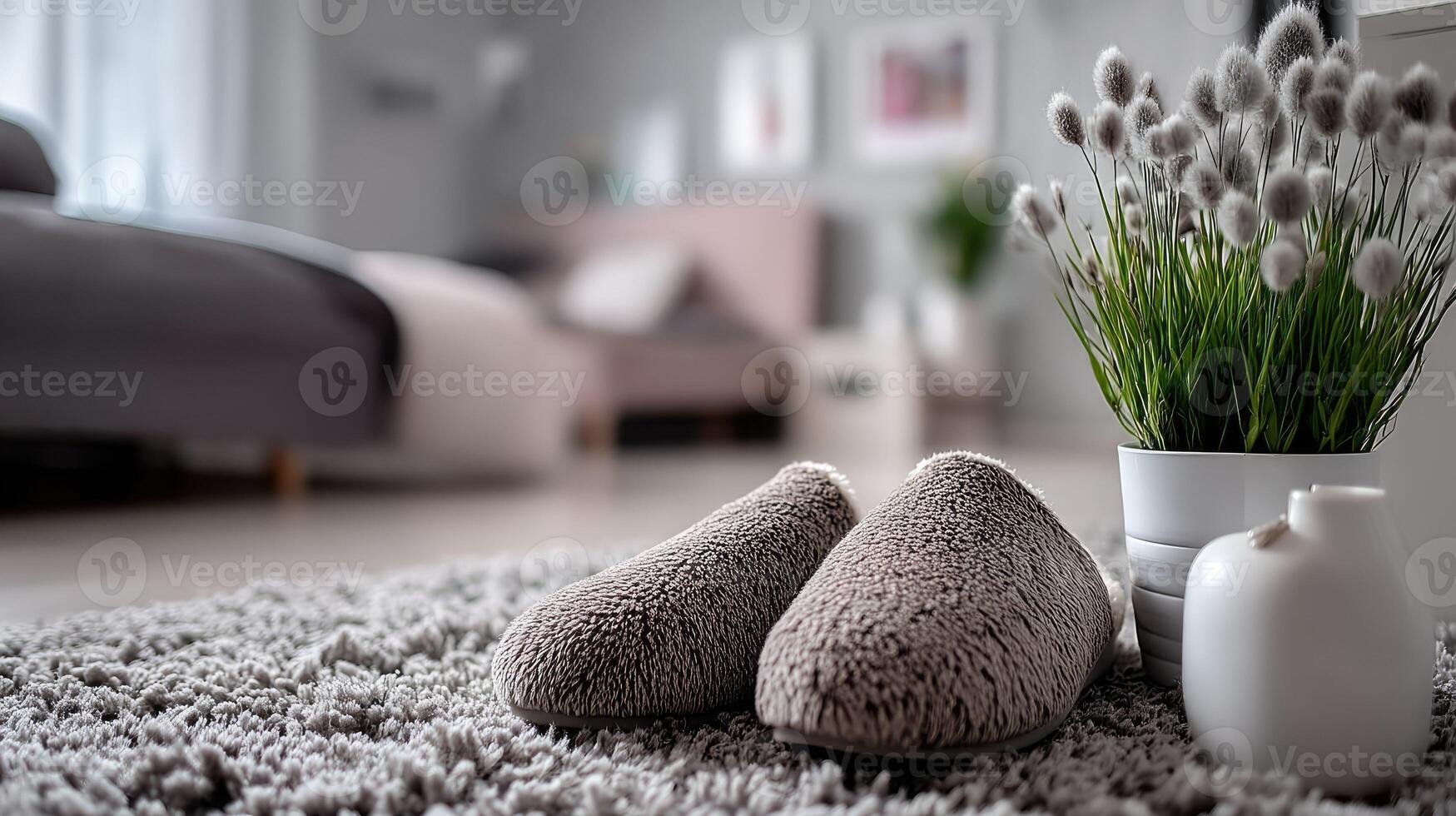 A pair of slippers and a vase of flowers on a rug photo