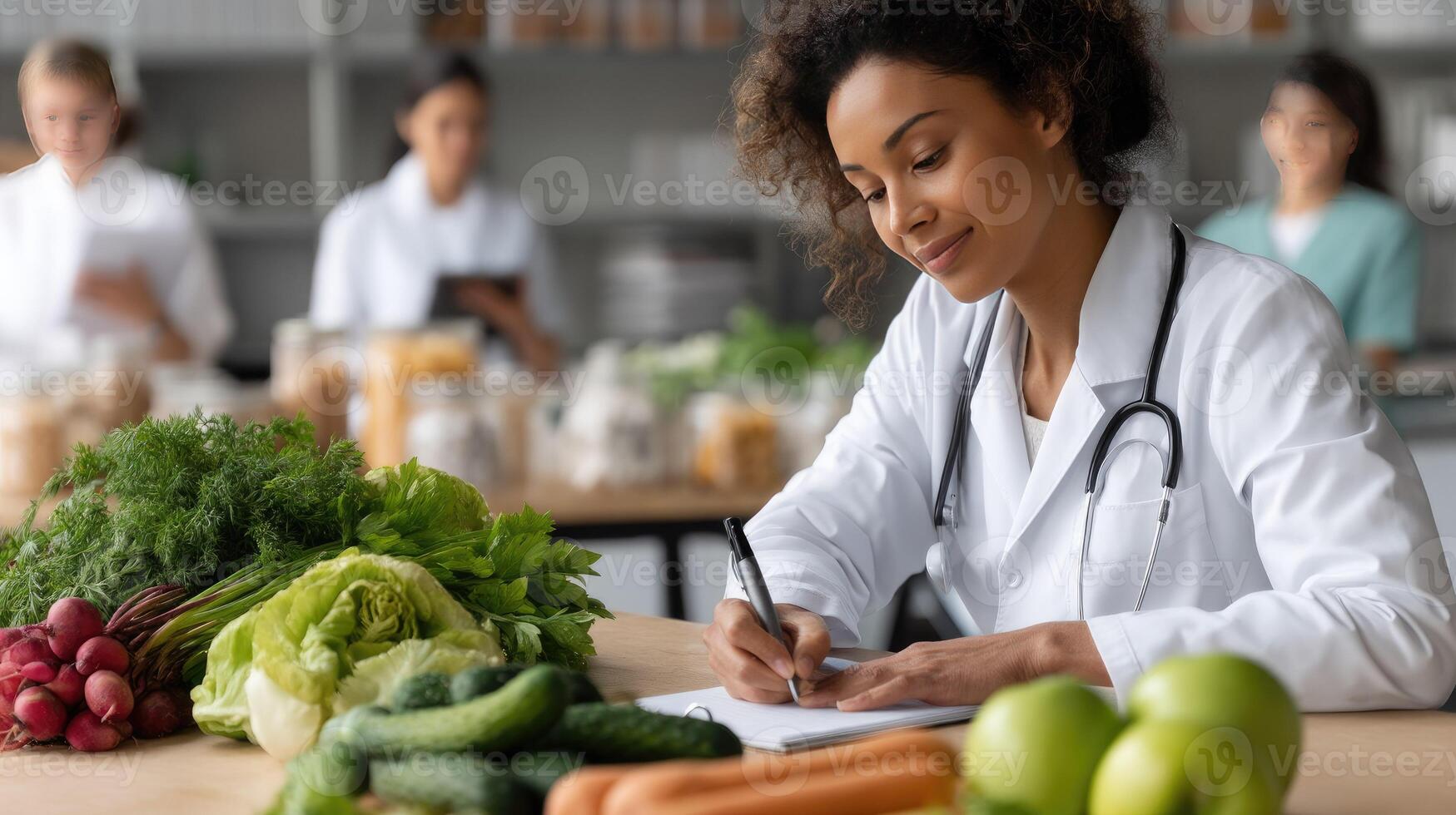 A woman in a lab coat writing on a piece of paper photo