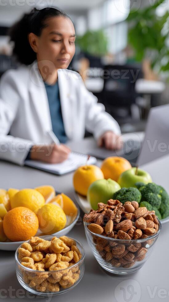 A woman sitting at a desk with a bowl of fruit and nuts photo