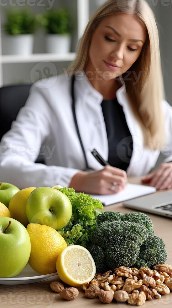 A woman sitting at a table with a laptop and a bowl of fruit photo