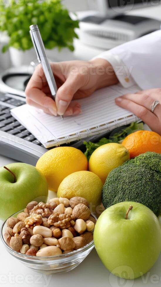 A woman writing on a notepad with a bowl of fruit and nuts photo