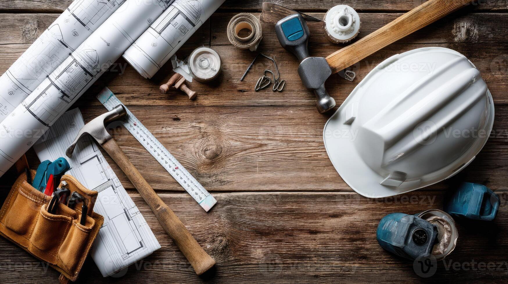 Construction tools and construction materials on a wooden table photo