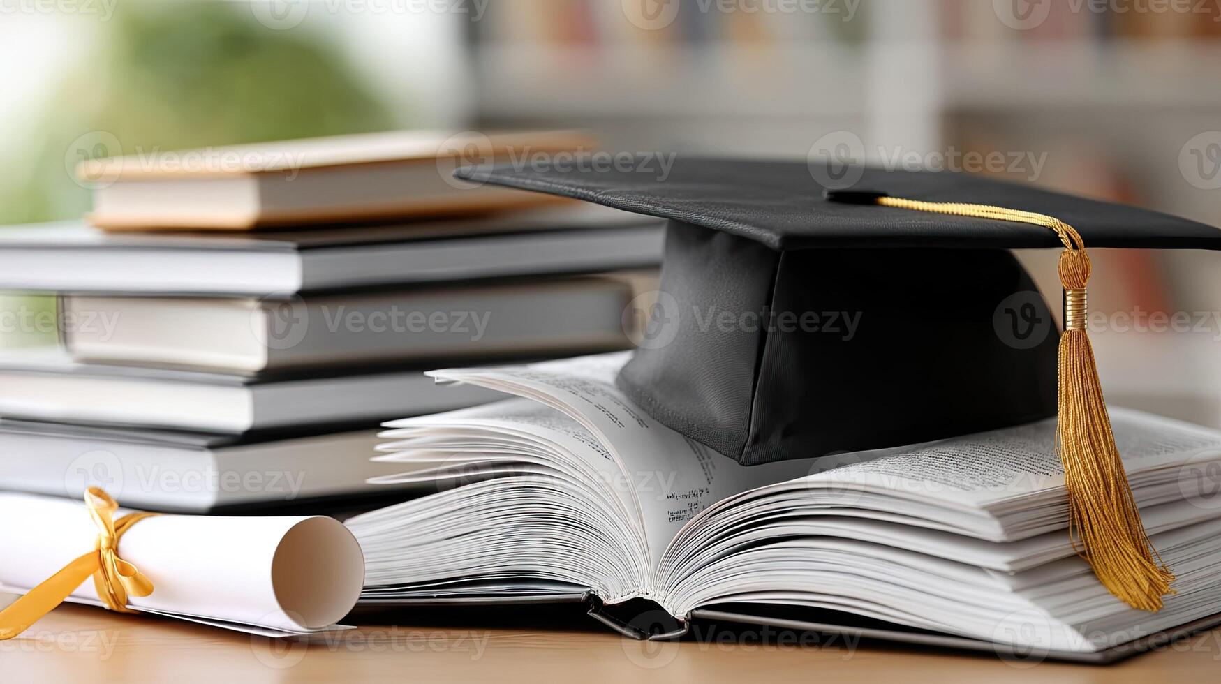 A graduation cap sits on top of an open book photo