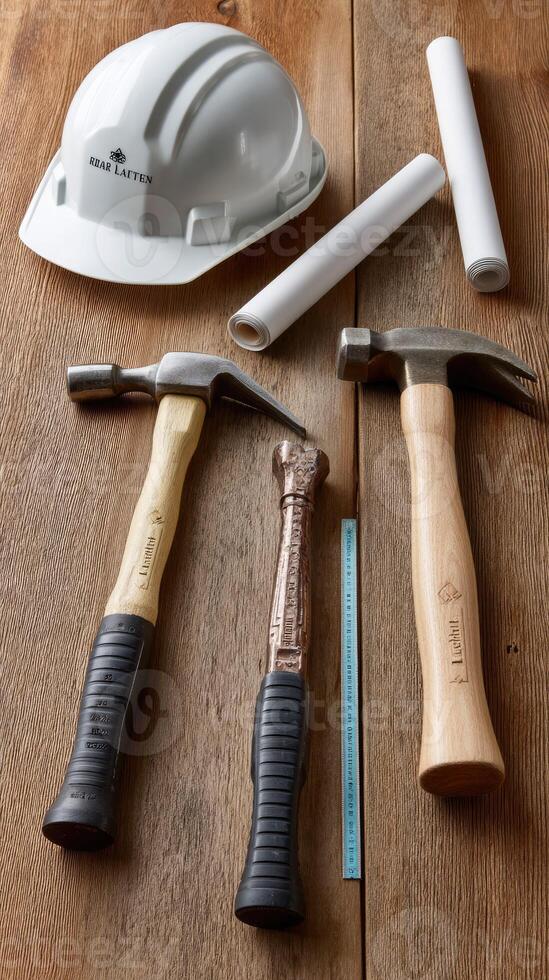 Tools for construction on a wooden table photo