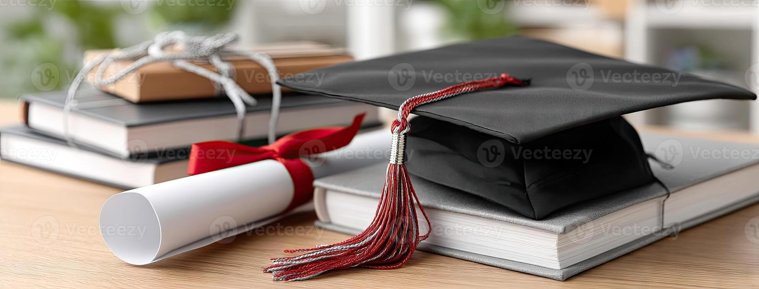 A graduation cap, diploma and books on a table photo