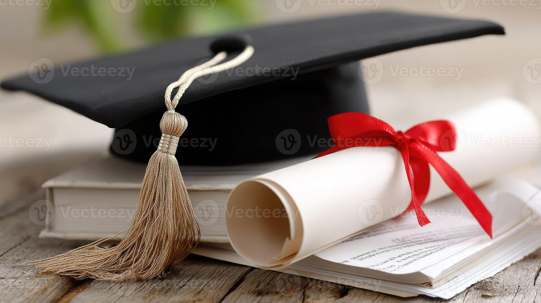 A graduation cap, diploma and a scroll on a wooden table photo