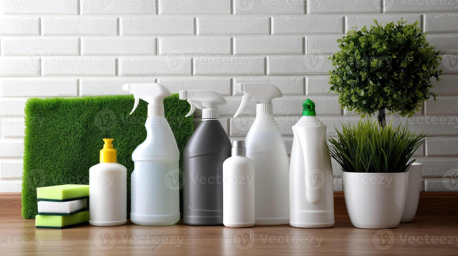 Various cleaning products and cleaning supplies on a wooden floor photo