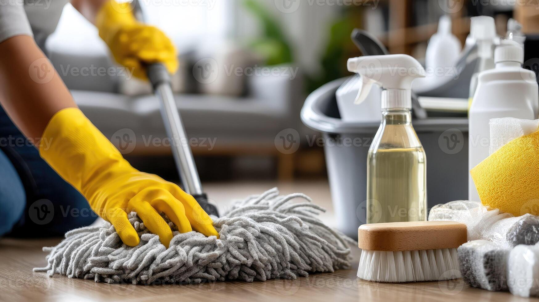 A woman in yellow gloves cleaning the floor with a mop photo