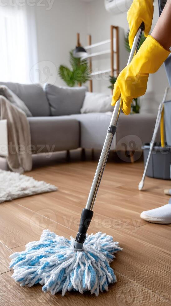 A person using a mop to clean a wooden floor photo