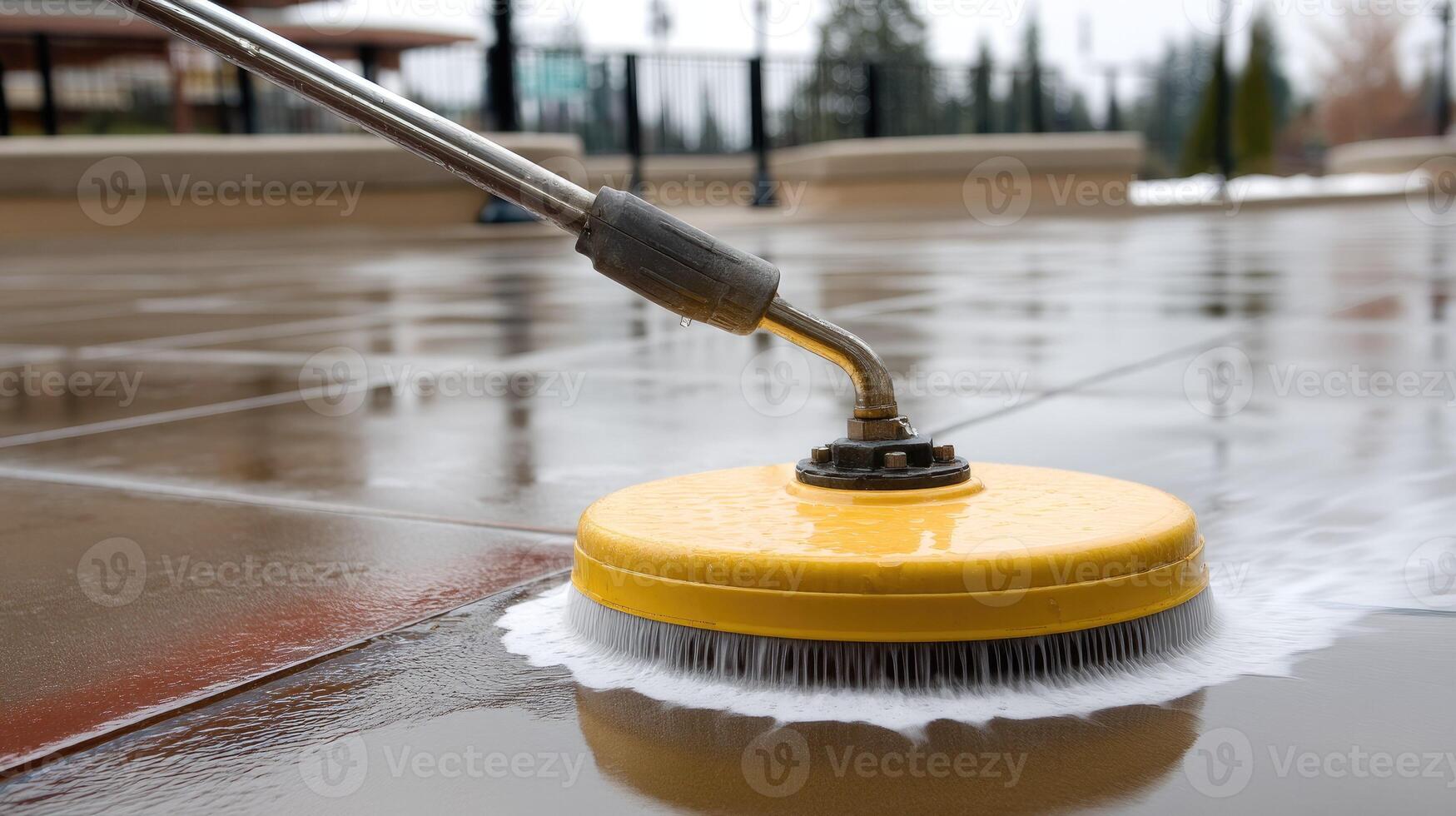 A yellow cleaning machine is cleaning a tile floor photo