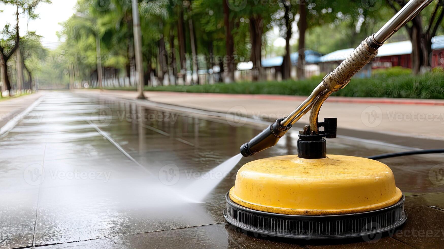 A man using a pressure washer to clean a sidewalk photo