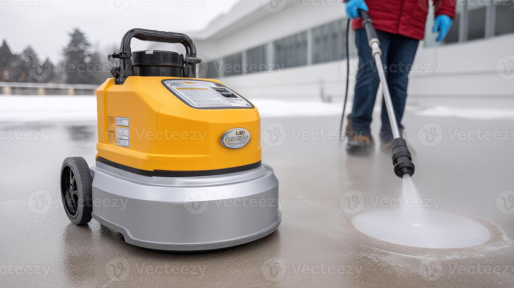 A man is cleaning a concrete floor with a vacuum cleaner photo