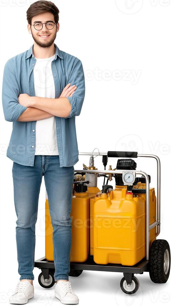 A man standing next to a cart with two yellow containers photo