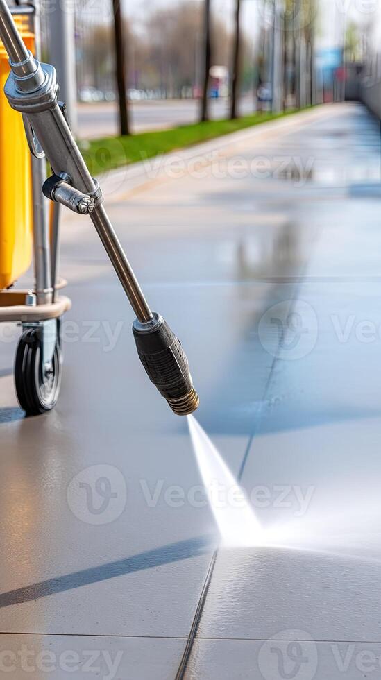 A man is cleaning a sidewalk with a pressure washer photo