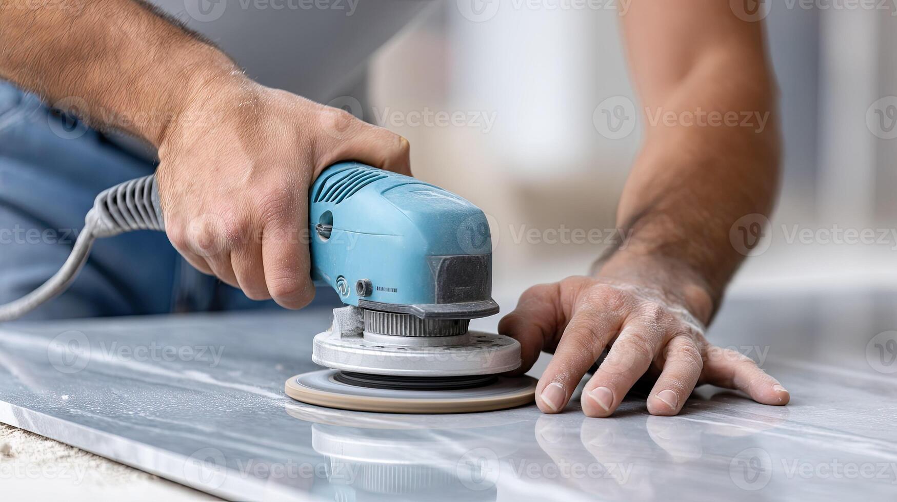 A person is using a sander to sand a marble countertop photo
